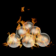 Transparent spheres with flames on a black background