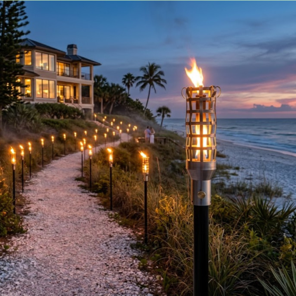 Beachside pathway with lit torches and a house in the background, featuring the Alfresco Elements brand.