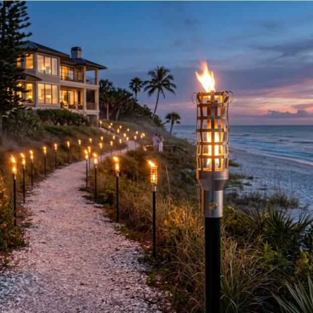 Beachside pathway with lit torches and a house in the background, featuring the Alfresco Elements brand.