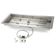 Stainless steel gas grill with control knobs and hose on a white background