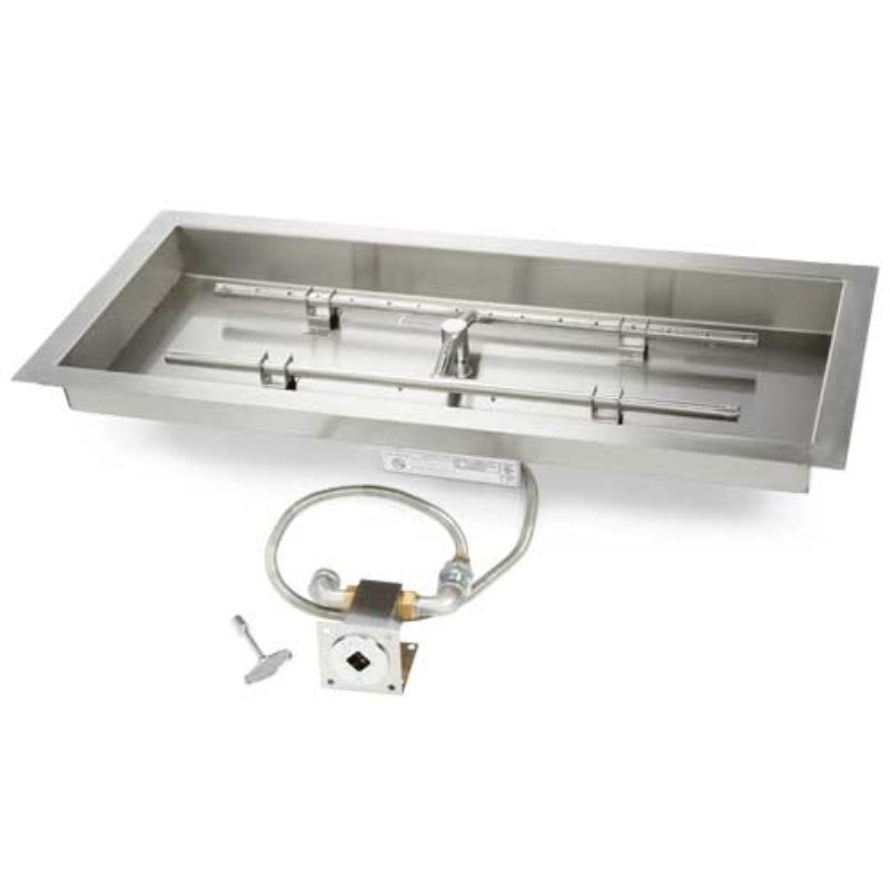 Stainless steel gas grill with control knobs and hose on a white background
