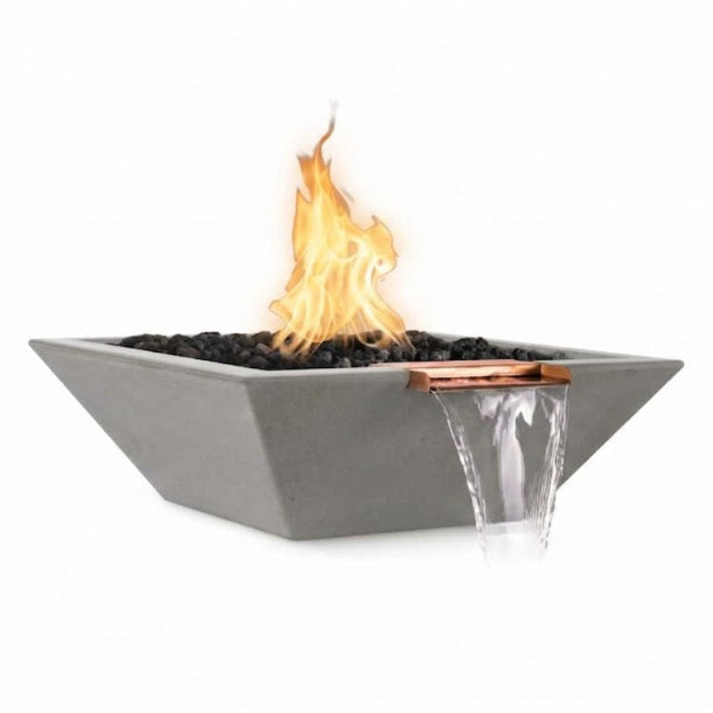 Modern outdoor fire pit with flames on a white background