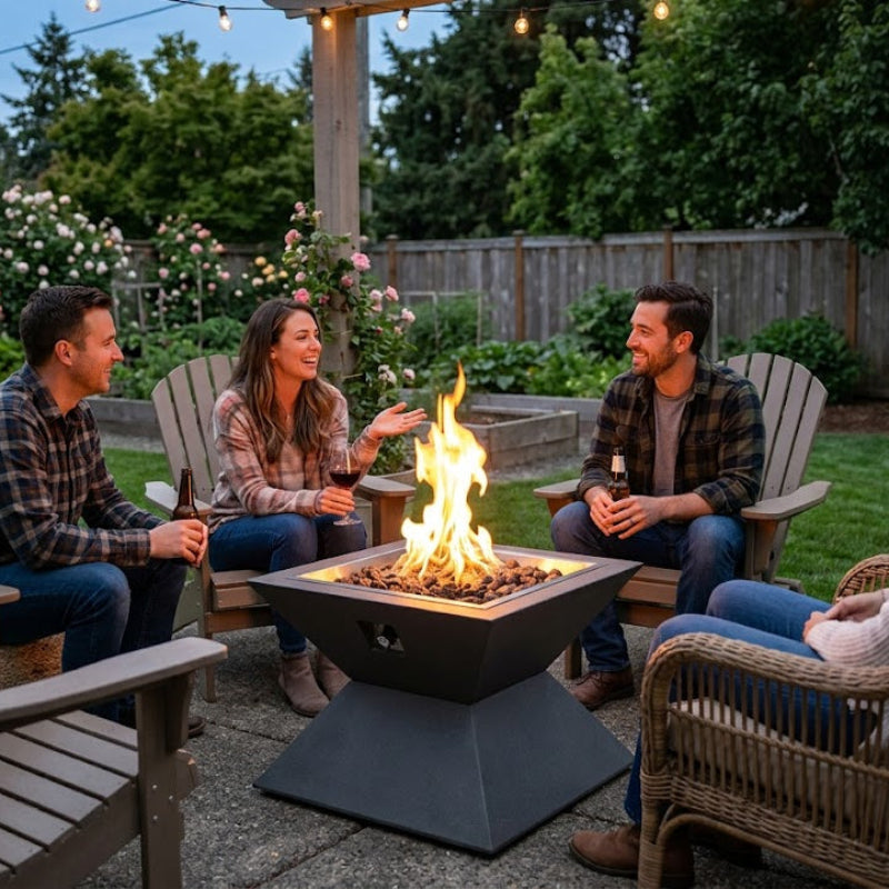 Four people sitting around a fire pit in a backyard setting.
