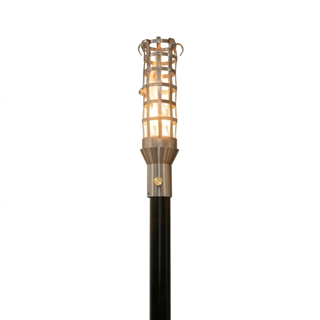 The Outdoor Plus Woven Stainless Steel Torch head with 68-inch support post and anchor on white background